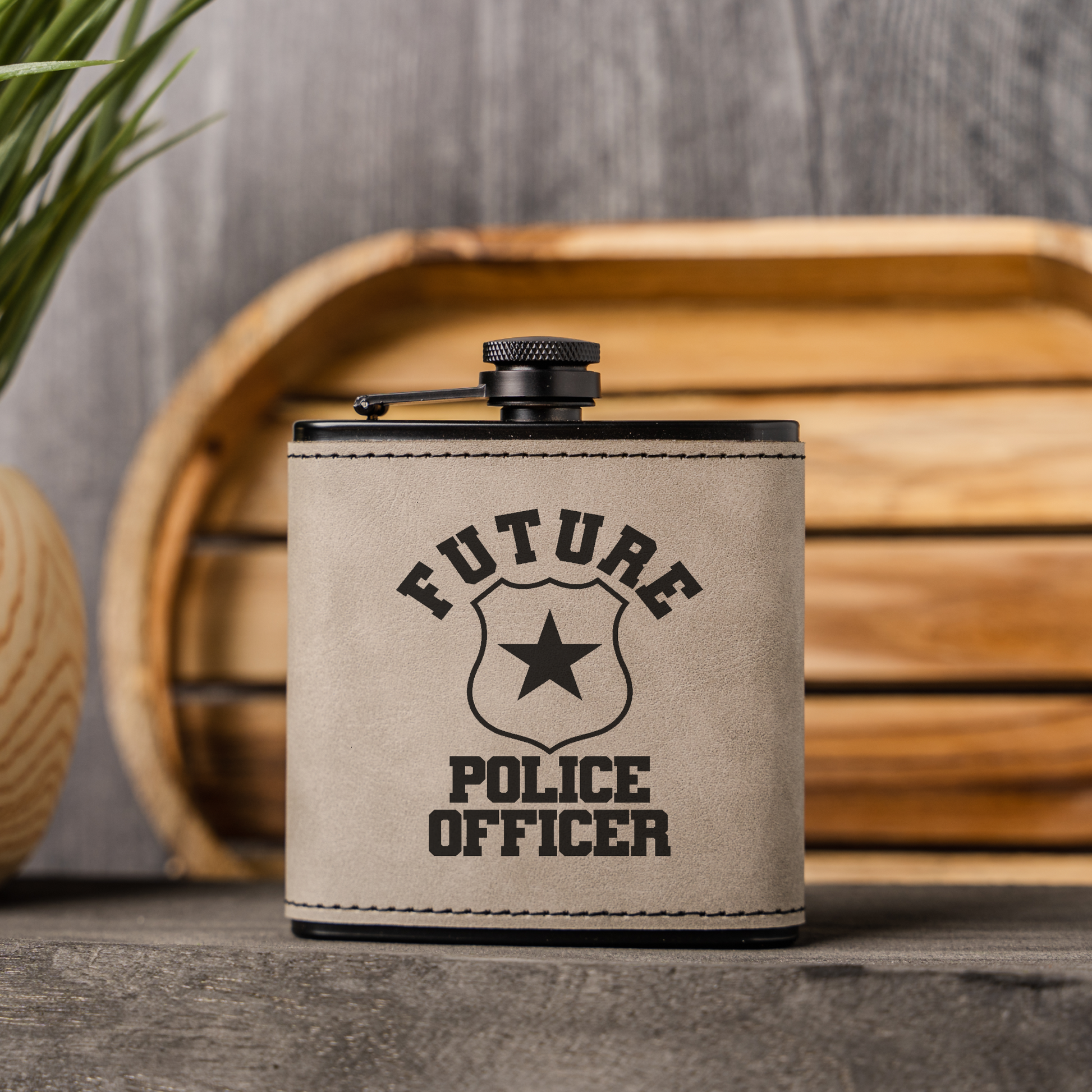 Future Police Officer Black Leather Wrapped Flask