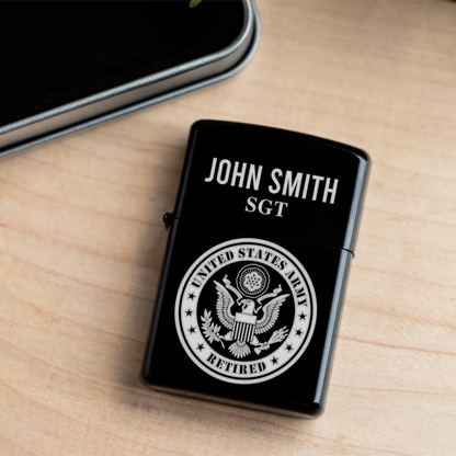 Retired Military Veteran Personalized Engraved Lighter, Custom Military Gift, Retired Army Keepsake, Retired Army Vet Gifts