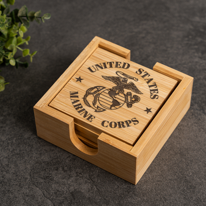 Bamboo Coaster Set With Holder - US Marine Corps Design