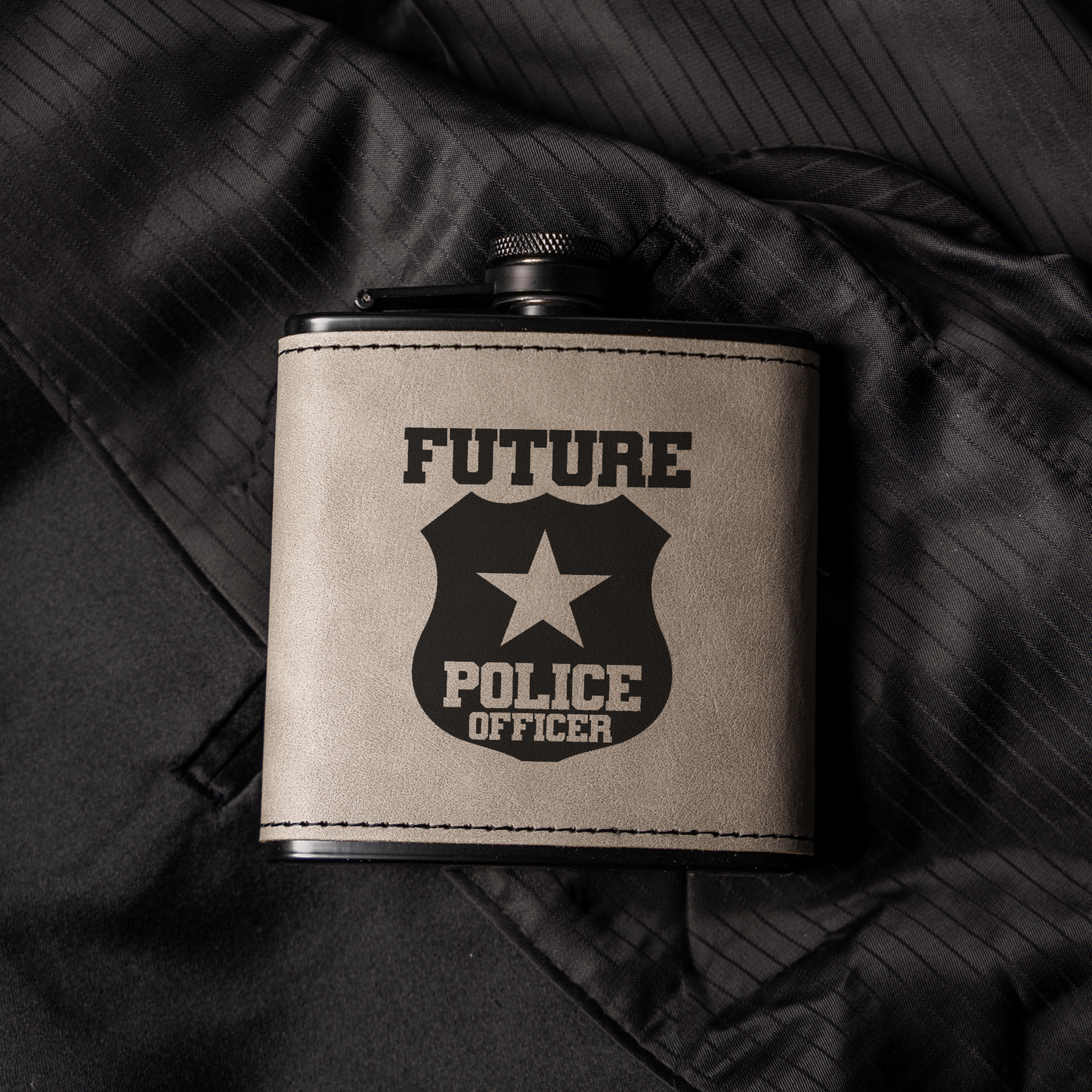 Future Police Officer Black Leather Wrapped Flask