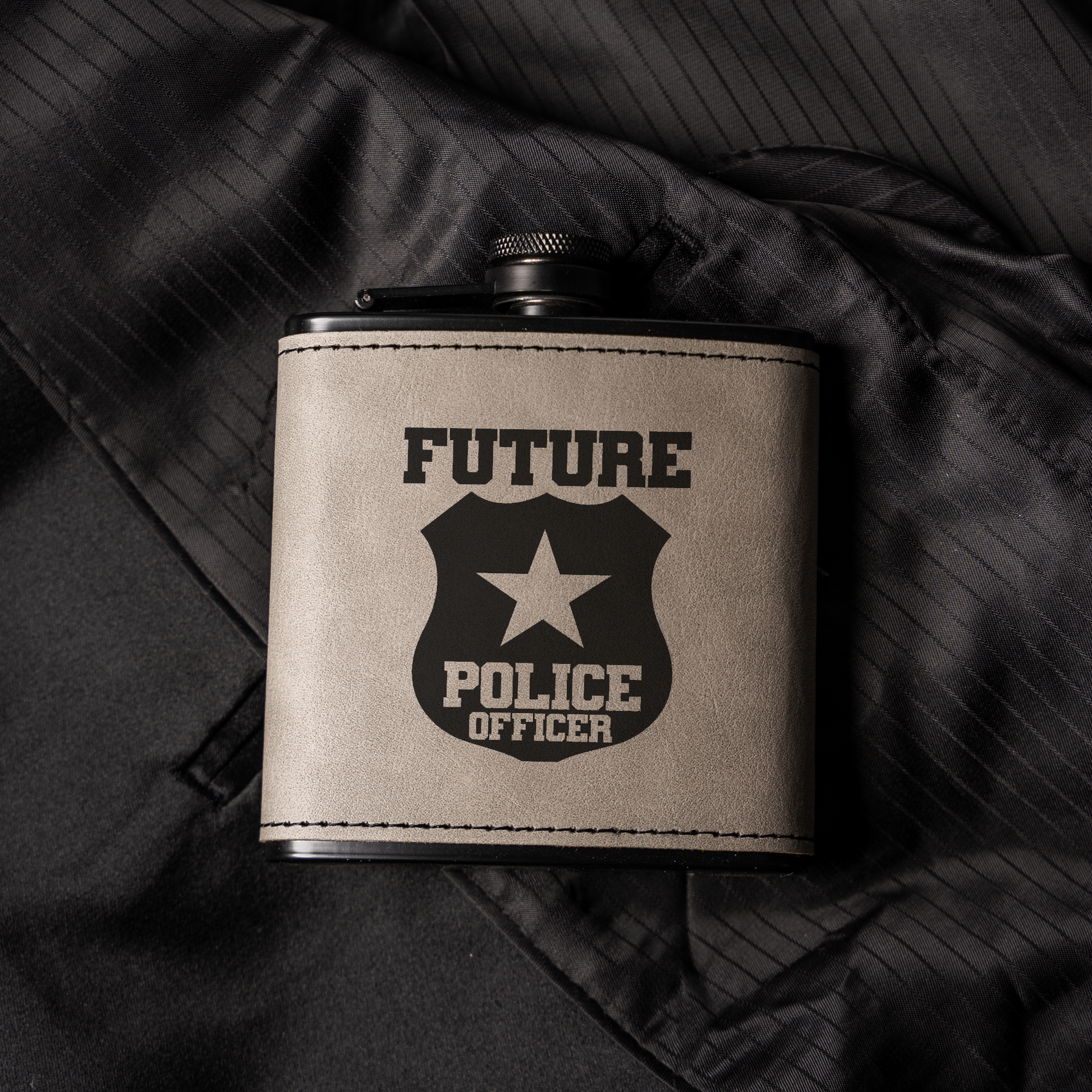 Future Police Officer Black Leather Wrapped Flask
