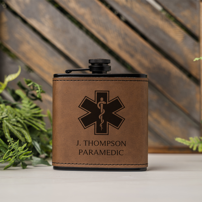 Black Leather Wrapped Flask with Paramedic Design