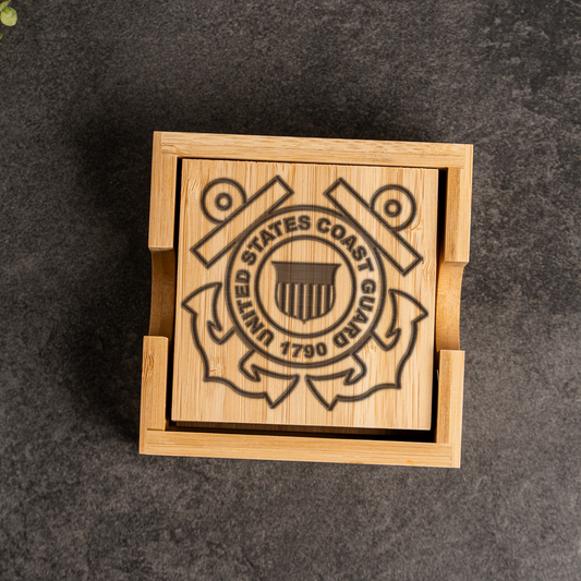 Bamboo Coaster Set With Holder, US Coast Guard Design, Eco-Friendly Drink Coasters