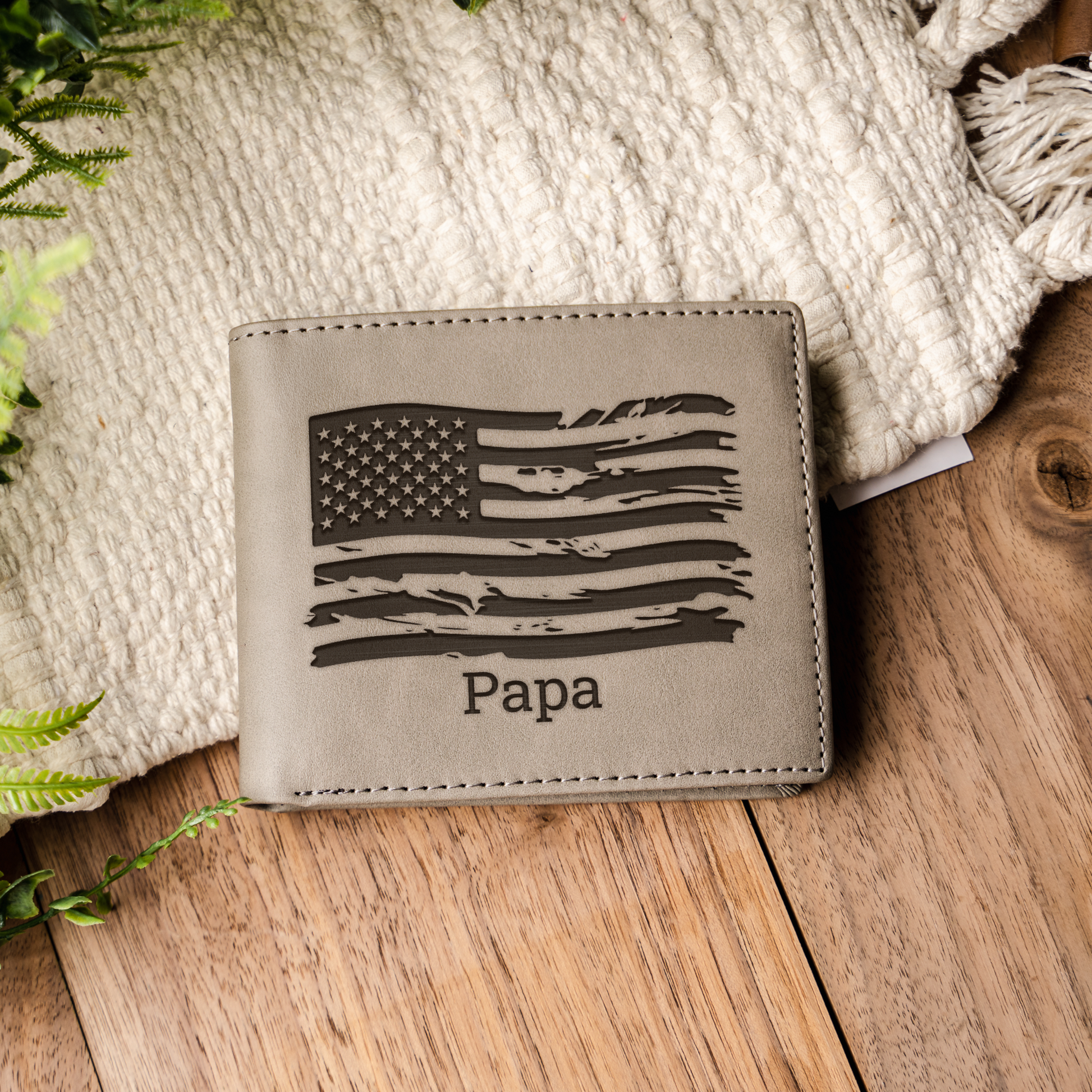 Custom Leather Bifold Wallet with American Flag Design, Perfect Gift for Dad, Durable and Stylish