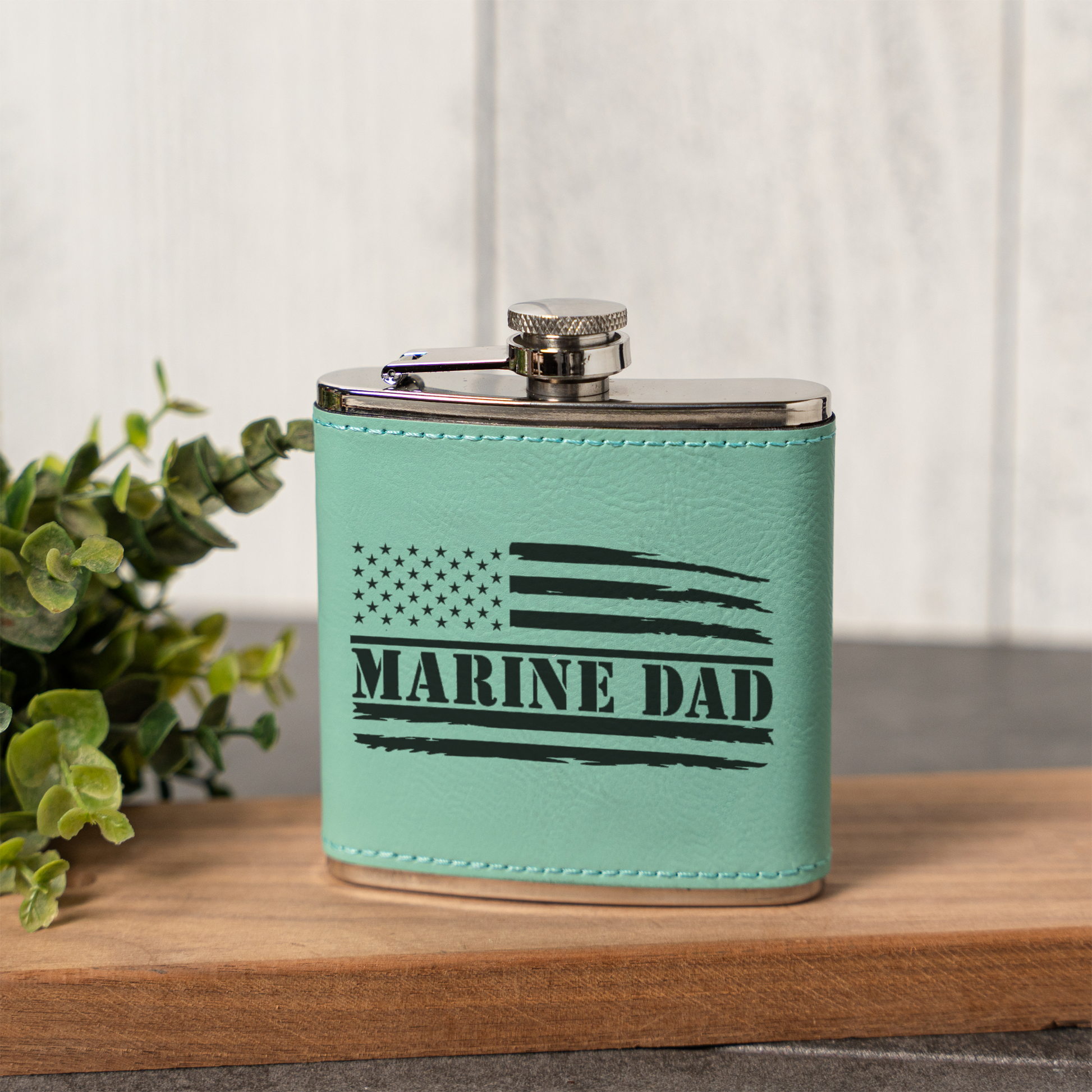 Leather Wrapped Flask 6oz, Marine Dad Gift, American Flag Design, Perfect for Father's Day
