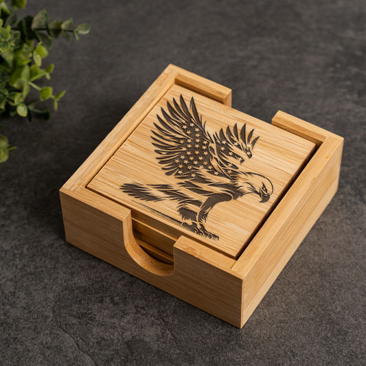 Eagle American Flag Bamboo Coaster Set With Holder 