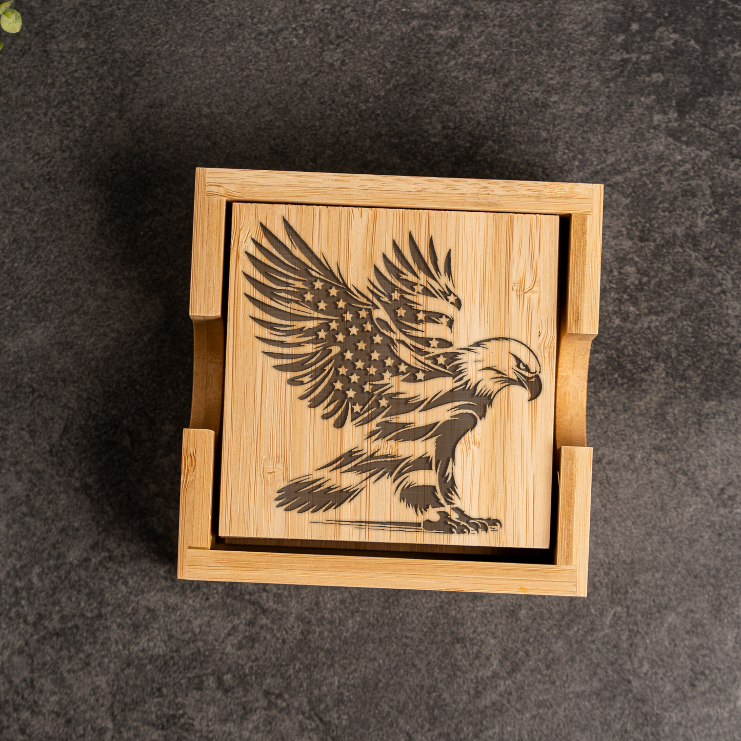 Eagle American Flag Bamboo Coaster Set With Holder 