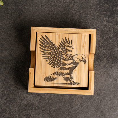 Eagle American Flag Bamboo Coaster Set With Holder 
