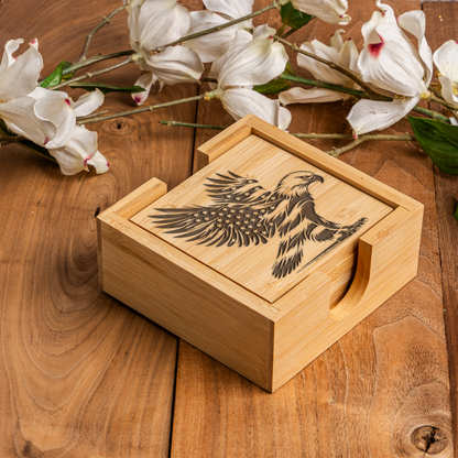 Eagle American Flag Bamboo Coaster Set With Holder 