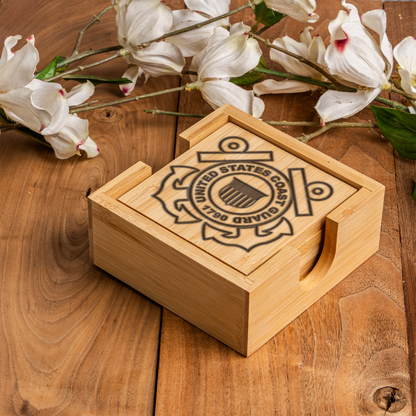 Bamboo Coaster Set With Holder, US Coast Guard Design, Eco-Friendly Drink Coasters