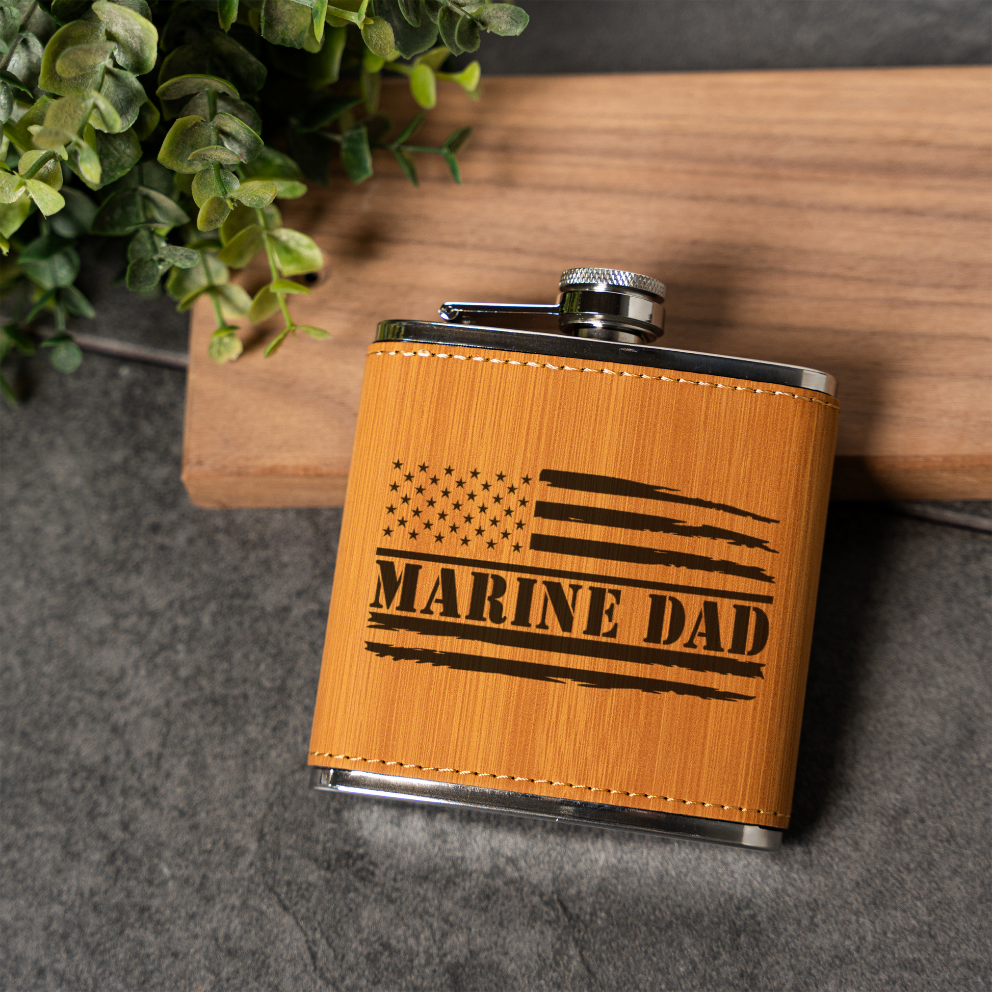 Leather Wrapped Flask 6oz, Marine Dad Gift, American Flag Design, Perfect for Father's Day