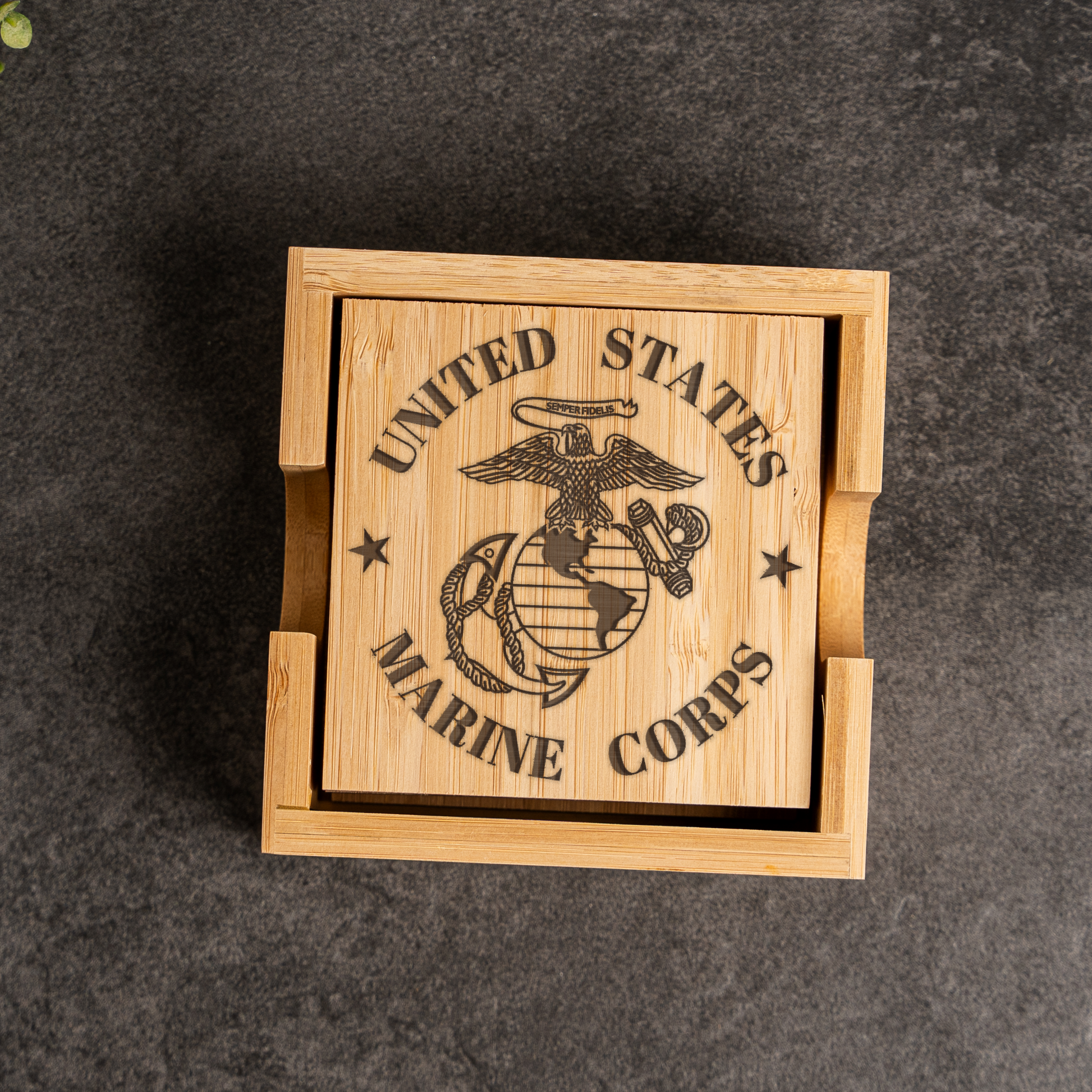 Bamboo Coaster Set With Holder - US Marine Corps Design
