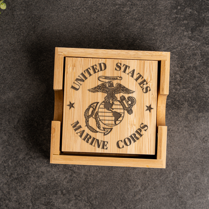 Bamboo Coaster Set With Holder - US Marine Corps Design