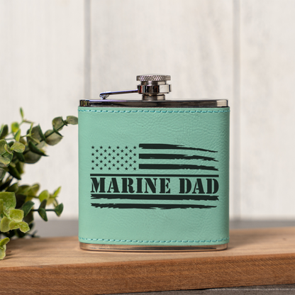 Leather Wrapped Flask 6oz, Marine Dad Gift, American Flag Design, Perfect for Father's Day
