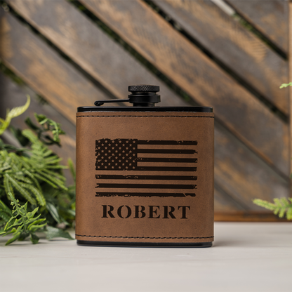 Personalized Black Leather Wrapped Flask with American Flag Design