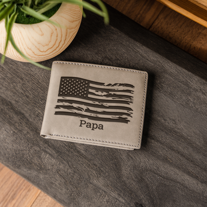 Custom Leather Bifold Wallet with American Flag Design, Perfect Gift for Dad, Durable and Stylish