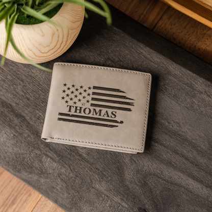 Personalized Leather Bifold Wallet, American Flag Design, Custom Gift for Him, Slim and Stylish