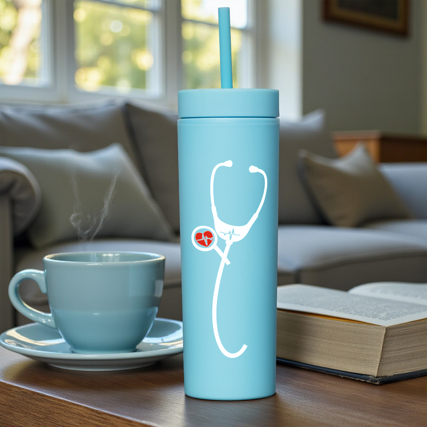 Personalized 16oz Acrylic Tumbler - Heartbeat Stethoscope Design