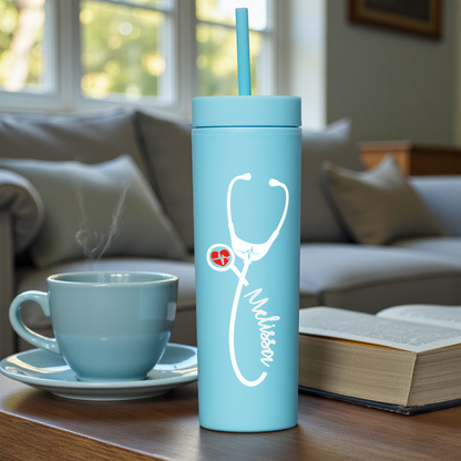 Personalized 16oz Acrylic Tumbler - Heartbeat Stethoscope Design