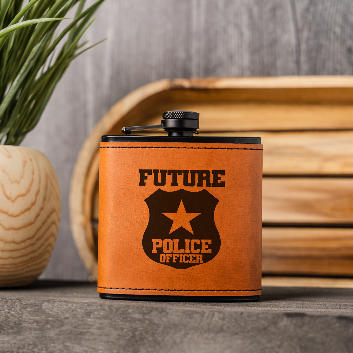 Future Police Officer Black Leather Wrapped Flask