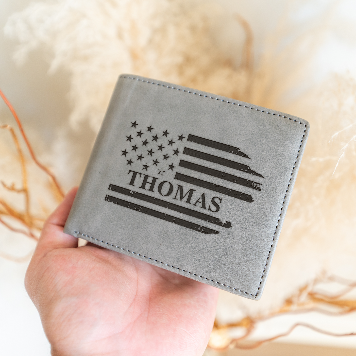 Personalized Leather Bifold Wallet, American Flag Design, Custom Gift for Him, Slim and Stylish