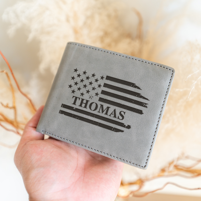 Personalized Leather Bifold Wallet, American Flag Design, Custom Gift for Him, Slim and Stylish