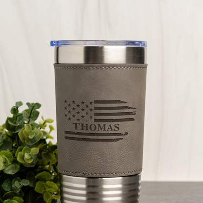Custom Flag 20oz Leather Wrapped Tumbler, Personalized Flag Design, Custom Name Gift, Personalized Military Gift with Name