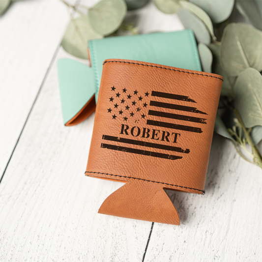 Personalized Leather Beverage Holder with American Flag Design, Custom Name Gift, Engraved Custom Beer Can Holder with American Flag