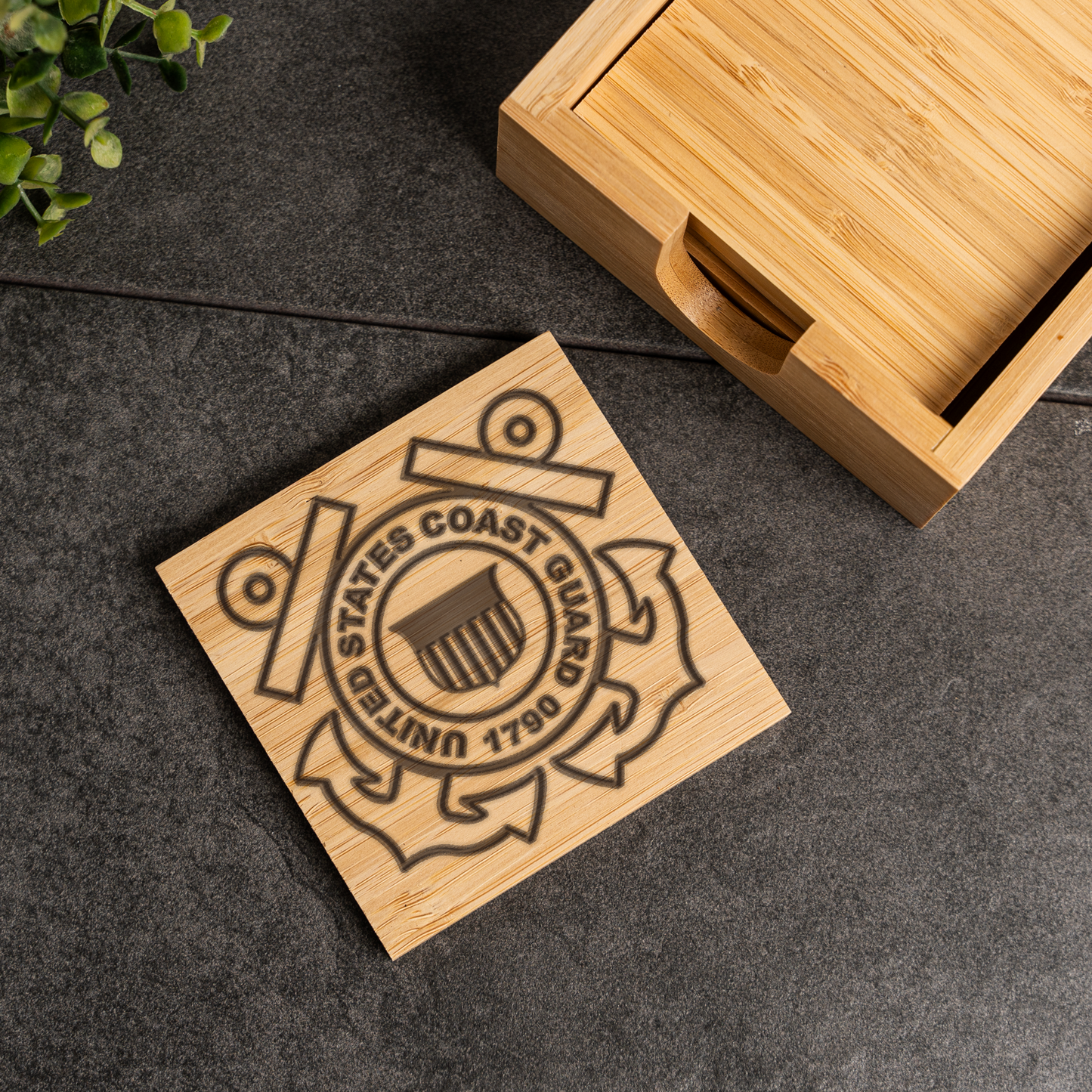 Bamboo Coaster Set With Holder, US Coast Guard Design, Eco-Friendly Drink Coasters