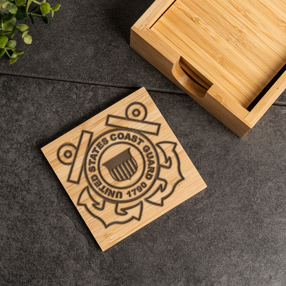 Bamboo Coaster Set With Holder, US Coast Guard Design, Eco-Friendly Drink Coasters