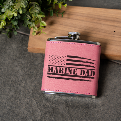 Leather Wrapped Flask 6oz, Marine Dad Gift, American Flag Design, Perfect for Father's Day