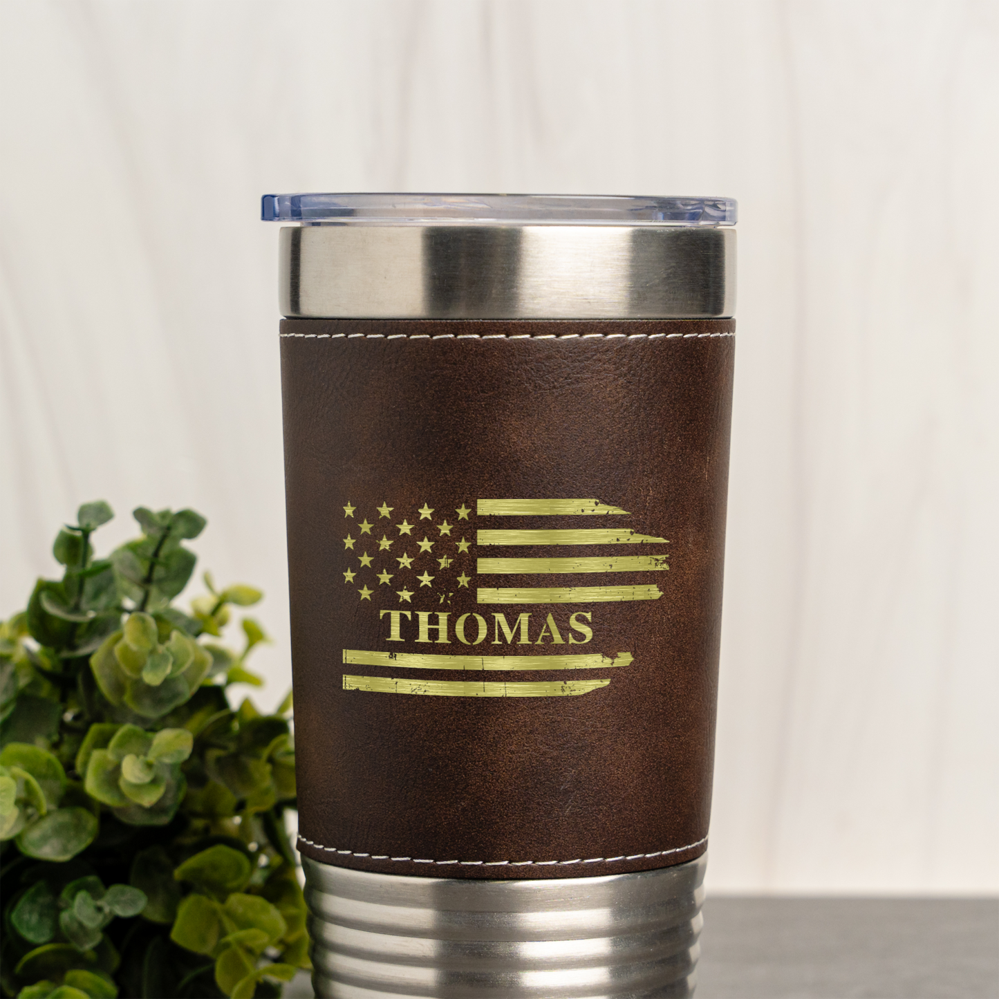 Custom Flag 20oz Leather Wrapped Tumbler, Personalized Flag Design, Custom Name Gift, Personalized Military Gift with Name