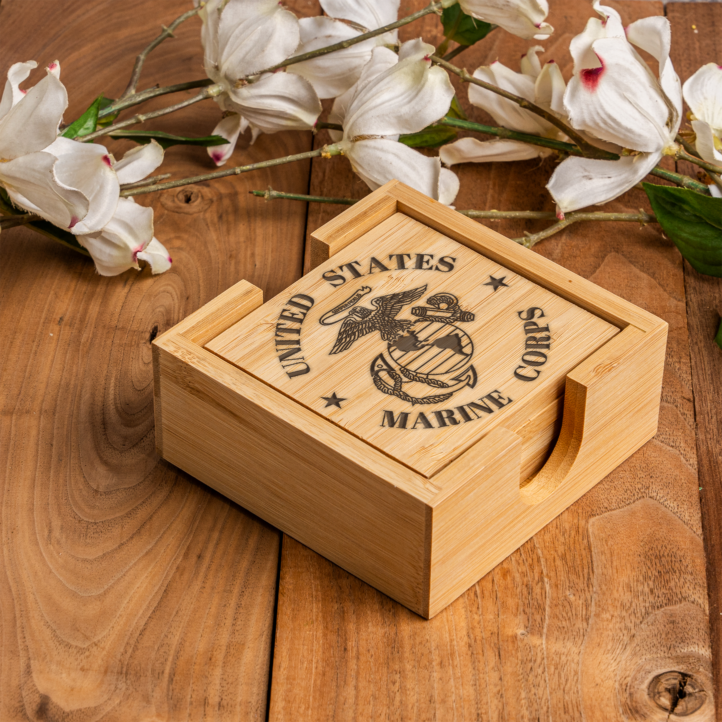 Bamboo Coaster Set With Holder - US Marine Corps Design