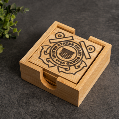 Bamboo Coaster Set With Holder, US Coast Guard Design, Eco-Friendly Drink Coasters
