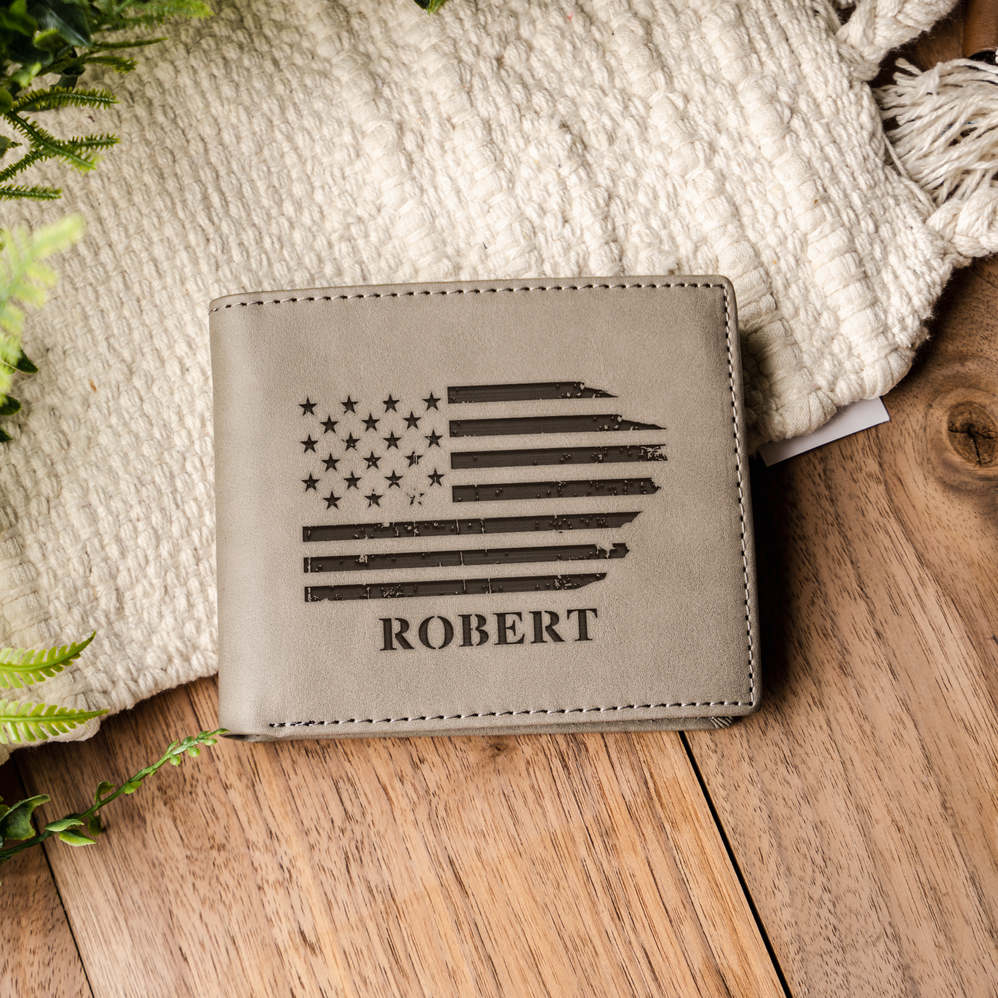 Personalized Leather Bifold Wallet, American Flag Design, Custom Gift for Men