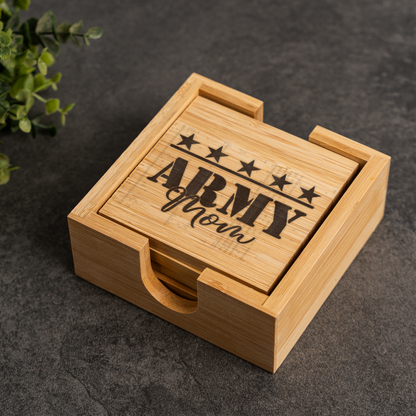 Bamboo Coaster Set With Holder, Elegant Home Decor, Perfect Gift for Army Mom