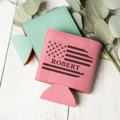 Personalized Leather Beverage Holder with American Flag Design, Custom Name Gift, Engraved Custom Beer Can Holder with American Flag