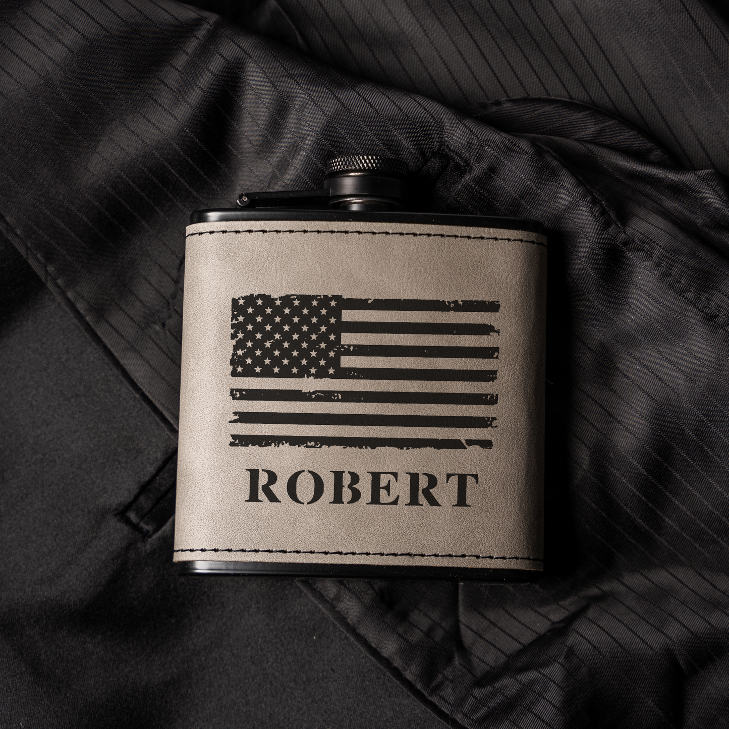 Personalized Black Leather Wrapped Flask with American Flag Design