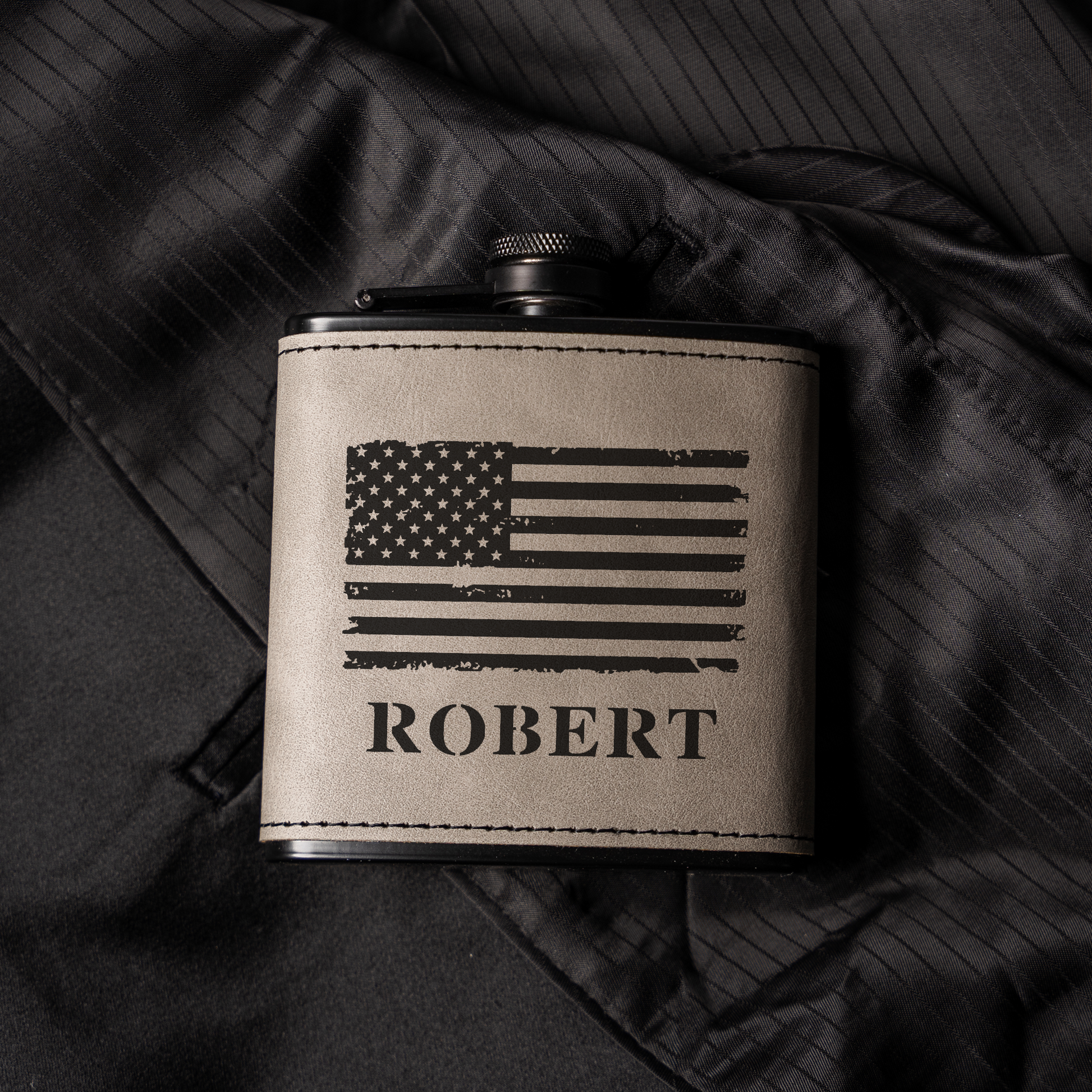 Personalized Black Leather Wrapped Flask with American Flag Design