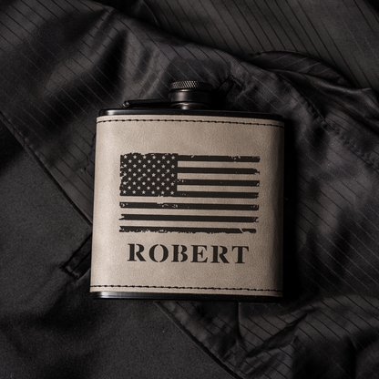 Personalized Black Leather Wrapped Flask with American Flag Design