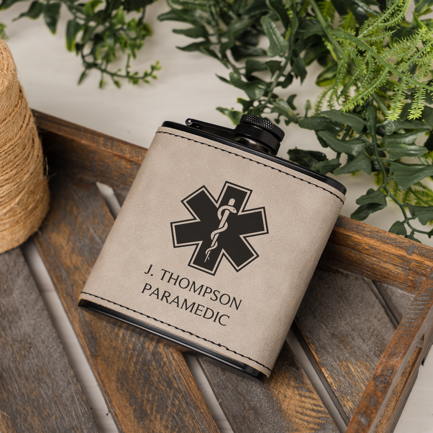Black Leather Wrapped Flask with Paramedic Design