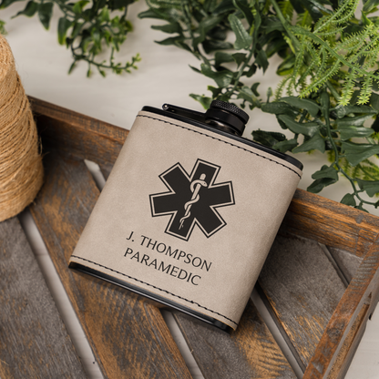 Black Leather Wrapped Flask with Paramedic Design