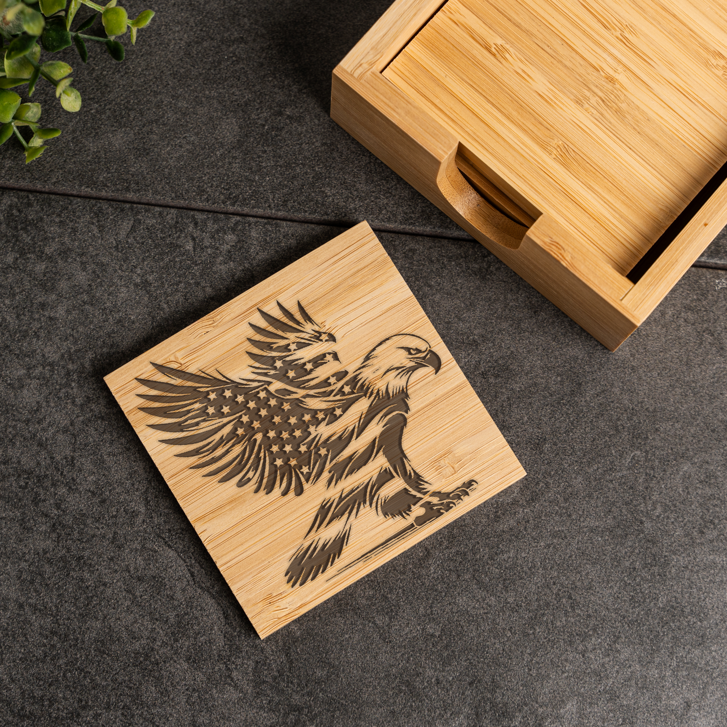 Eagle American Flag Bamboo Coaster Set With Holder 