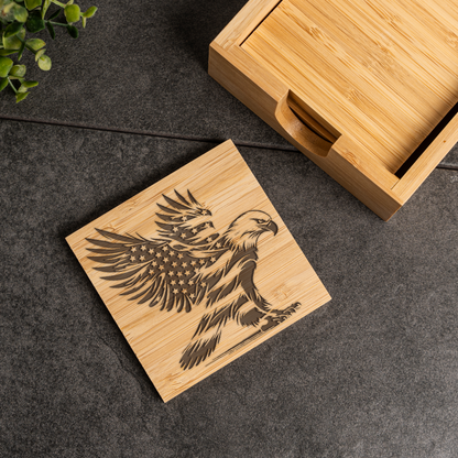 Eagle American Flag Bamboo Coaster Set With Holder 