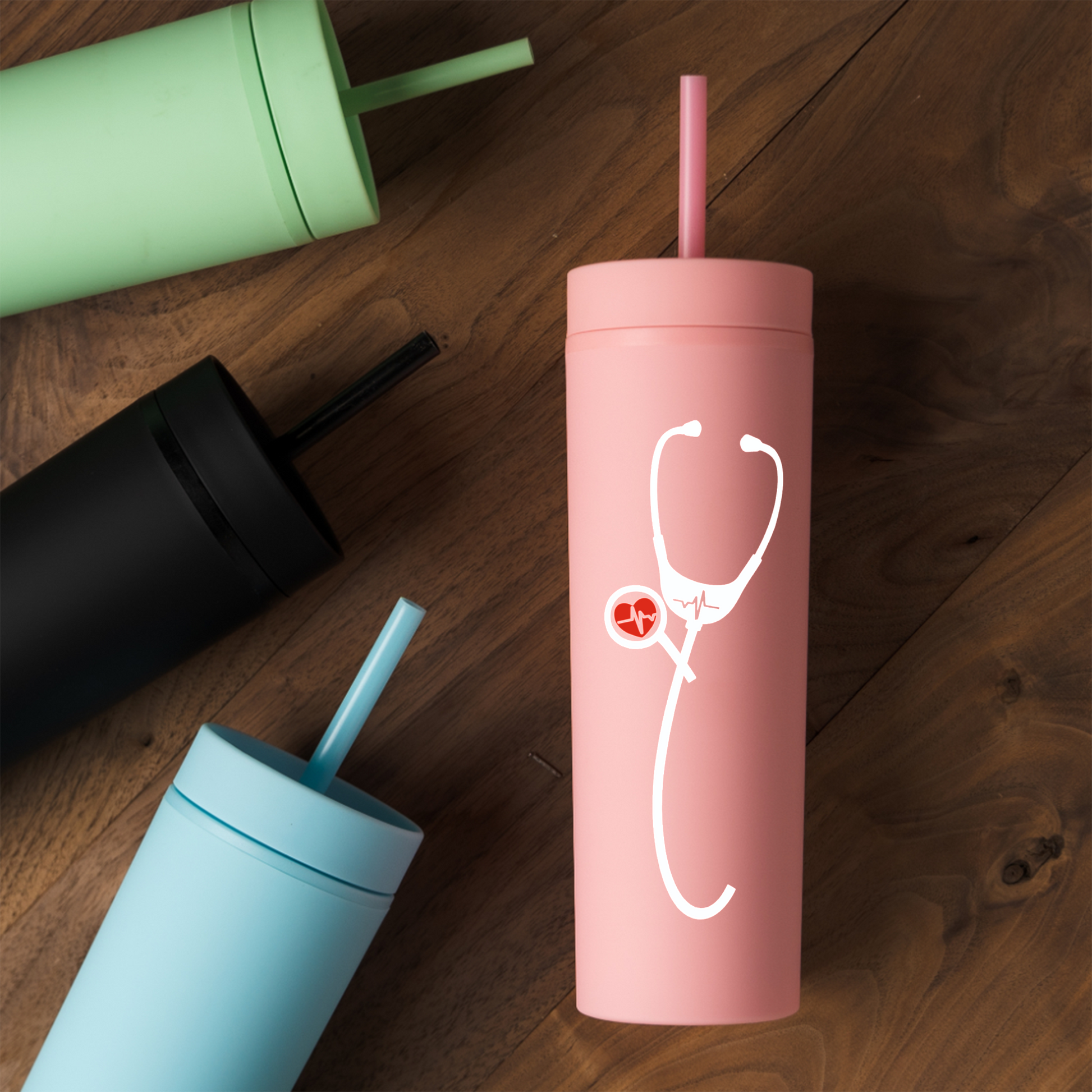 Personalized 16oz Acrylic Tumbler - Heartbeat Stethoscope Design