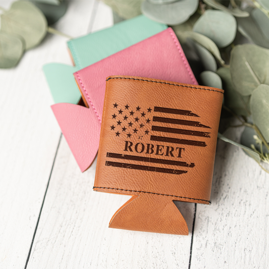 Personalized Leather Beverage Holder with American Flag Design, Custom Name Gift, Engraved Custom Beer Can Holder with American Flag