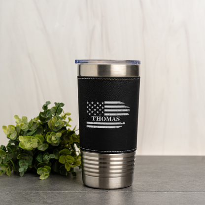 Custom Flag 20oz Leather Wrapped Tumbler, Personalized Flag Design, Custom Name Gift, Personalized Military Gift with Name