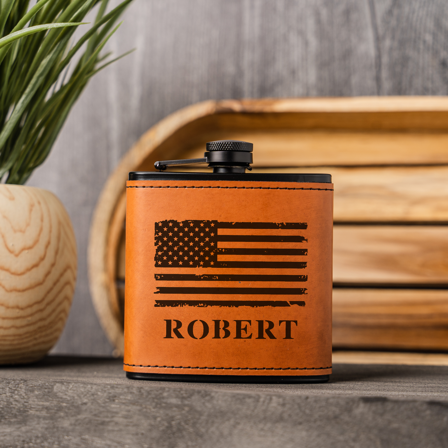 Personalized Black Leather Wrapped Flask with American Flag Design