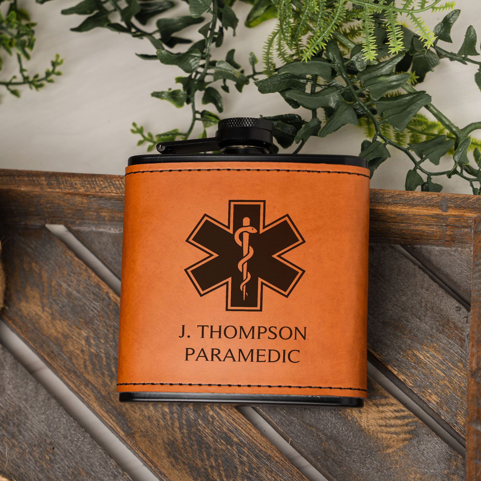 Black Leather Wrapped Flask with Paramedic Design
