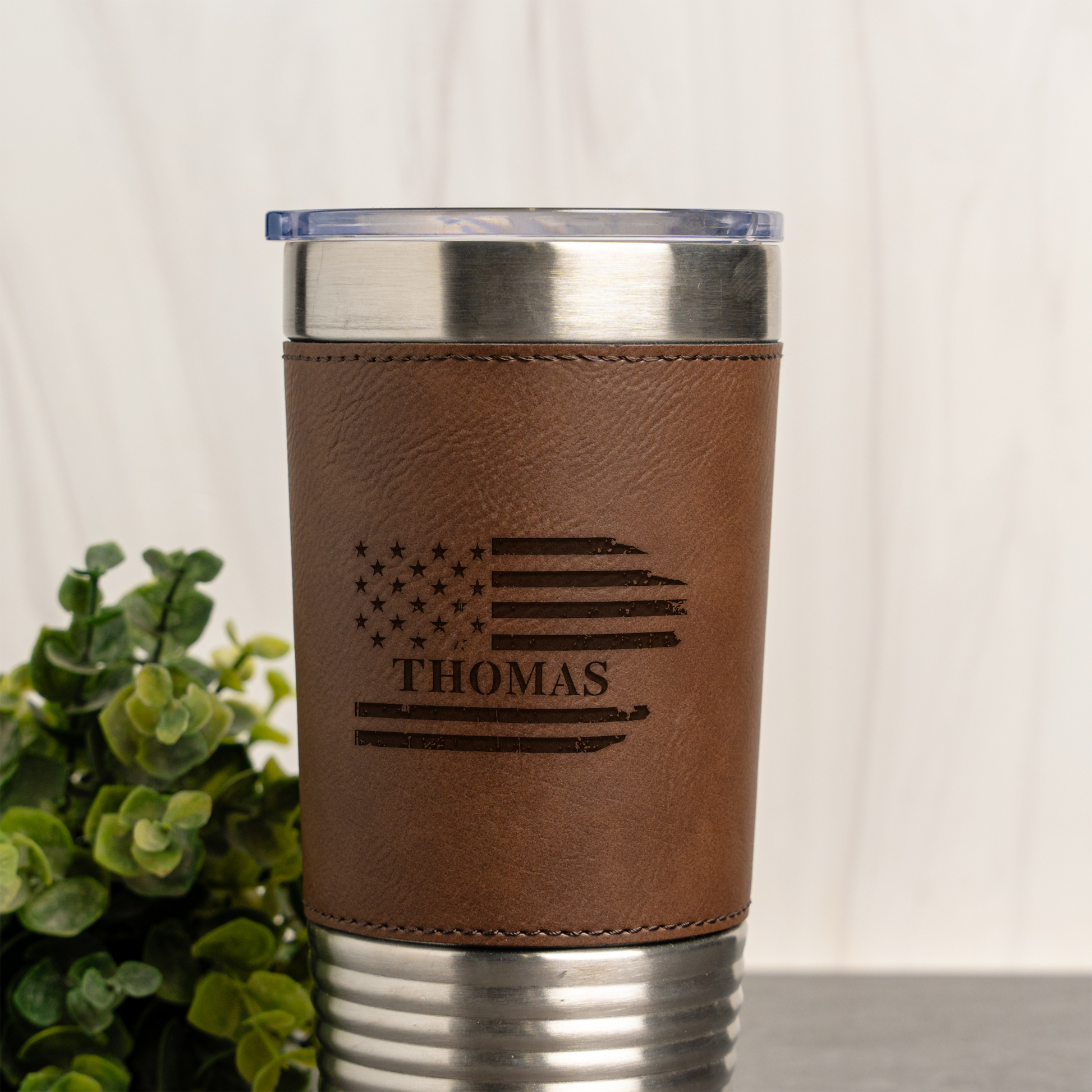 Custom Flag 20oz Leather Wrapped Tumbler, Personalized Flag Design, Custom Name Gift, Personalized Military Gift with Name